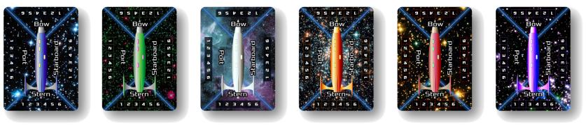 Image of 6 Starship Poker-Sized Cards: Blue, Green, Platinum, Orange, Red, and Purple, in a horizontal row